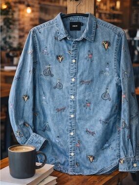 ASOS Denim Button Up Shirt Mens M Novelty Print Balloon Bike Boxer